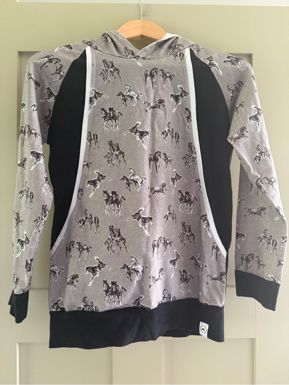 Kids Handmade Gray Horse-Print Hooded Pullover with Black Panels